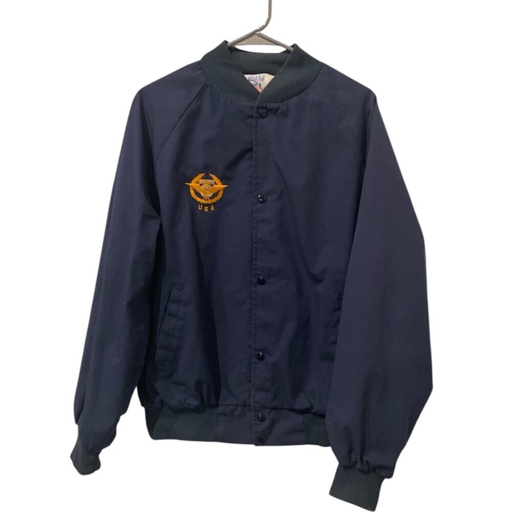 VTG 70s Made In USA-West Ark-IACE Embroidered Lightweight Jacket-Navy Blue-Large